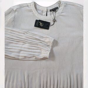 Adriana Papell Georgette Top XL White Black Polka Dot Pleated Swing Blouse